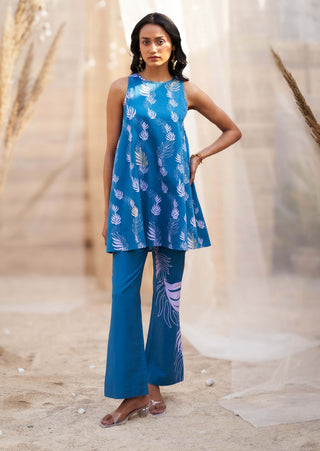 Deep blue leaf printed tunic and pants