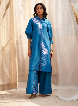Deep blue leaf printed tunic and pants