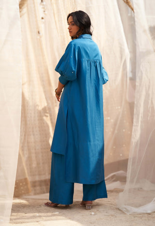 Deep blue leaf printed tunic and pants