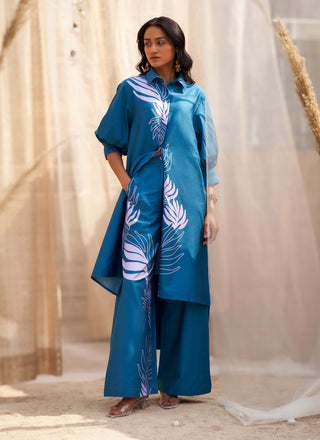 Deep blue leaf printed tunic and pants