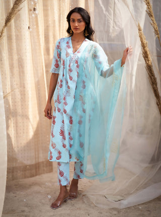 Light blue leaf-printed kurta set