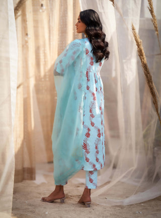 Light blue leaf-printed kurta set