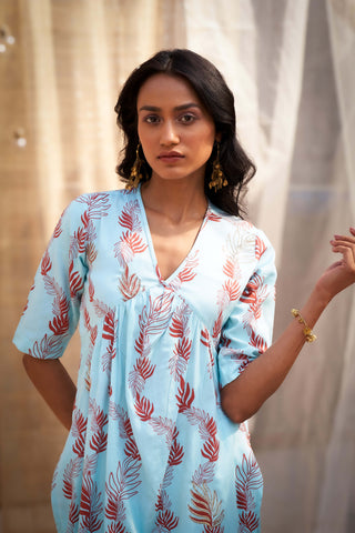 Light blue leaf-printed kurta set