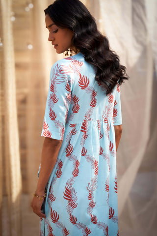 Light blue leaf-printed kurta set