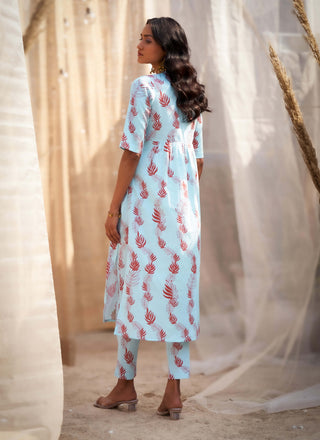 Light blue leaf-printed kurta set