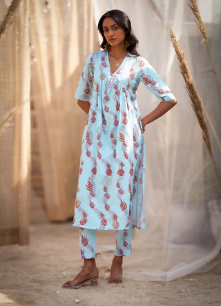 Light blue leaf-printed kurta set