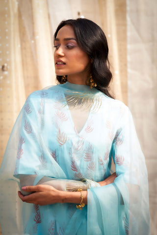Light blue leaf-printed kurta set
