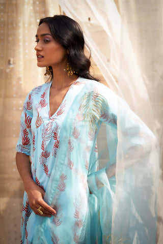 Light blue leaf-printed kurta set