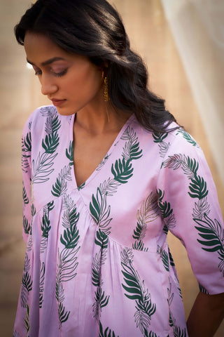 Pink leaf-printed kurta set