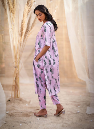 Pink leaf-printed kurta set