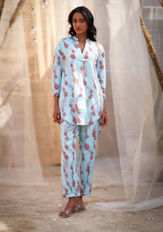 Light blue leaf printed tunic and pants