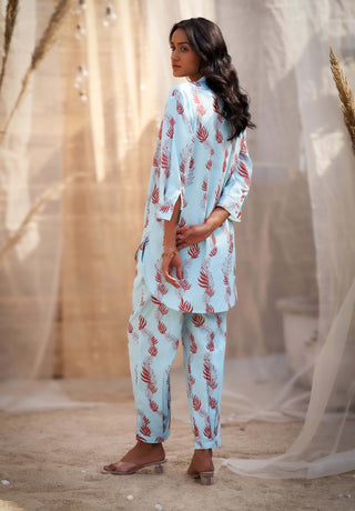 Light blue leaf printed tunic and pants