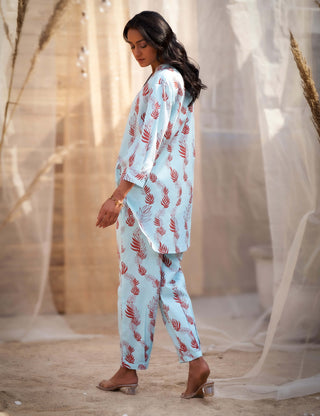 Light blue leaf printed tunic and pants