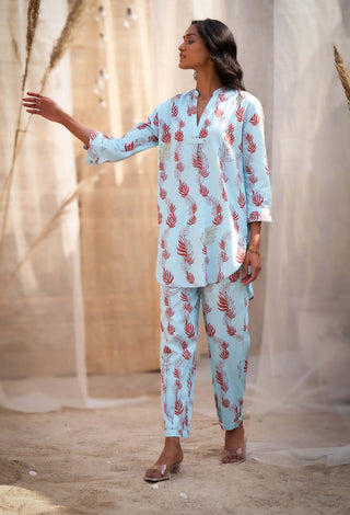 Light blue leaf printed tunic and pants