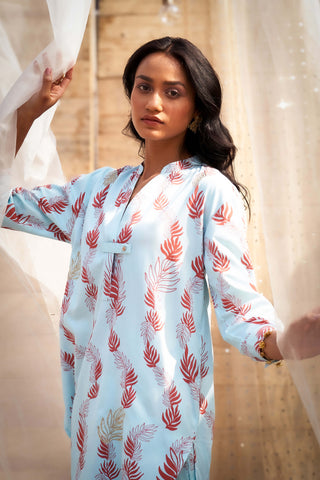 Light blue leaf printed tunic and pants