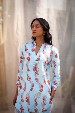 Light blue leaf printed tunic and pants
