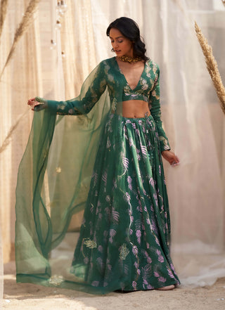 Green exquisite printed lehenga set