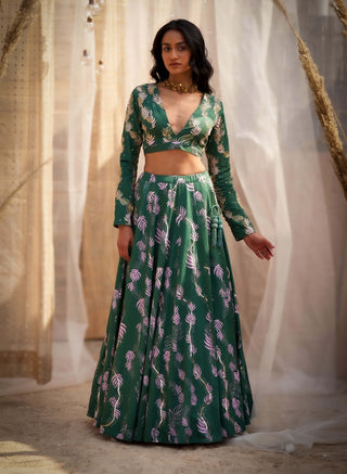 Green exquisite printed lehenga set