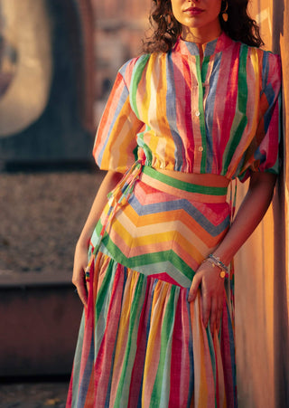 Leher rainbow drawstring shirt with gathered skirt