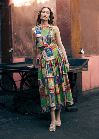 Johari multi print crop top with gathered skirt