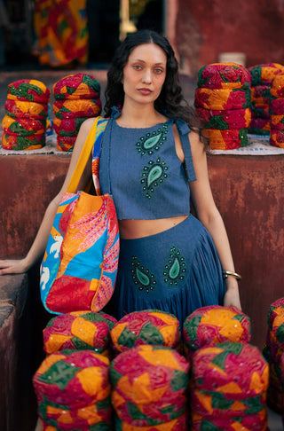 Indigo crop top with gathered skirt
