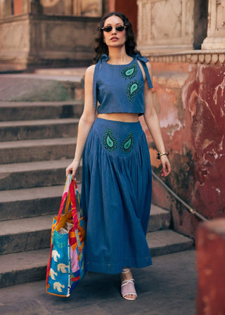 Indigo crop top with gathered skirt