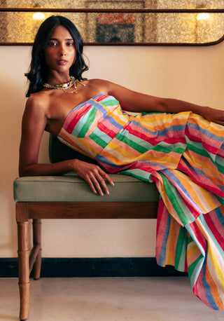 Leher rainbow print tiered off shoulder dress