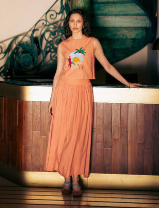 Sahara peach linen crop top with skirt