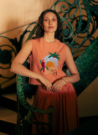 Sahara peach linen crop top with skirt