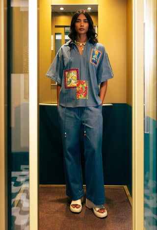 Indigo patchwork shirt with trousers