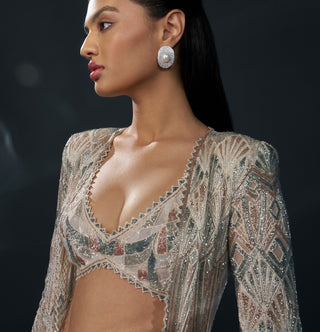 Althea blue pink abstract corset, jacket and sharara