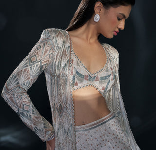 Althea blue pink abstract corset, jacket and sharara
