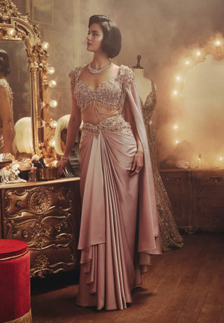 Rose dusty pink drape sari and cape set