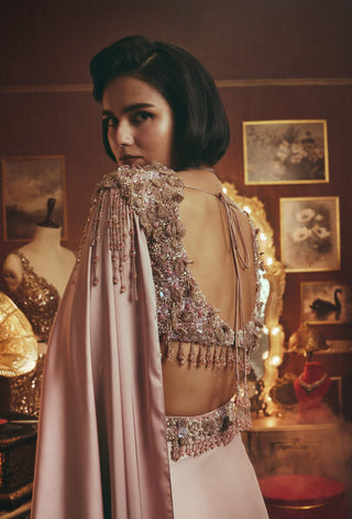 Rose dusty pink drape sari and cape set