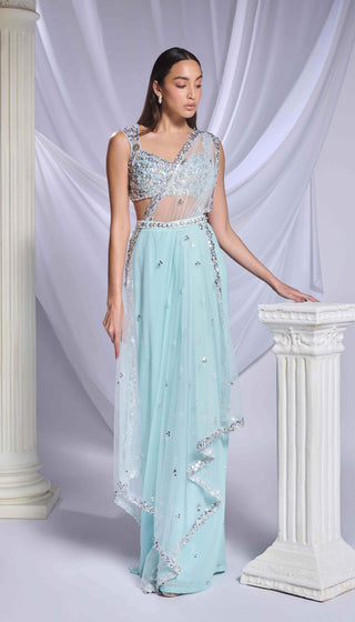 Royal Aqua Blue Sari Set by Papa Don'T Preach By Shubhika, available on Indiaspopup.com