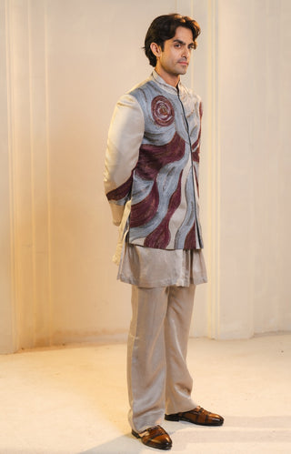 Silver and wine handpainted silk bandhgala set