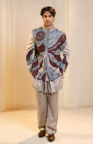 Silver and wine handpainted silk bandhgala set