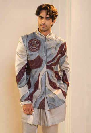 Silver and wine handpainted silk bandhgala set