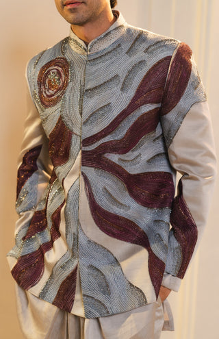 Silver and wine handpainted silk bandhgala set