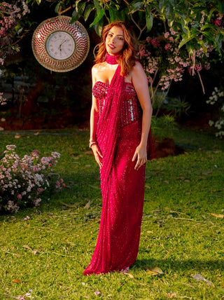 Crimson stardust red drape sari and corset