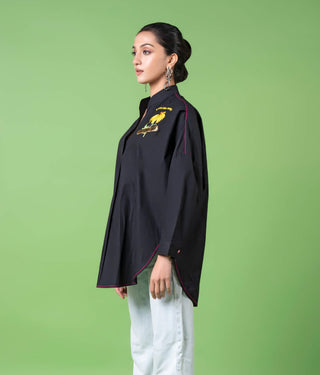 Black Oversized Sunflower Embroidered Shirt by Siddhartha Bansal, available on Indiaspopup.com