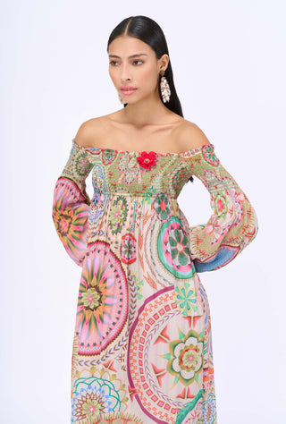 Multicolor smocking off-shoulder dress