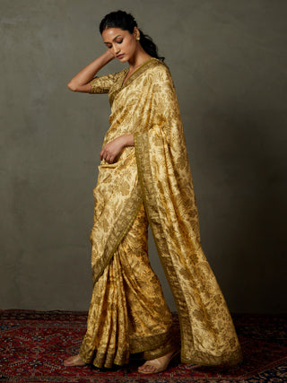 Ri.Ritu Kumar-Beige Kashida Sari And Unstitched Blouse-INDIASPOPUP.COM