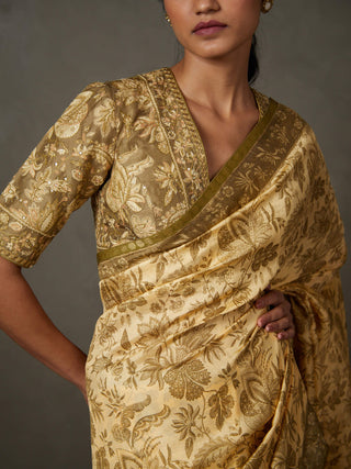 Ri.Ritu Kumar-Beige Kashida Sari And Unstitched Blouse-INDIASPOPUP.COM