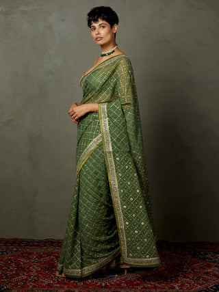 Ri.Ritu Kumar-Khaki Ari Sari With Unstitched Blouse-INDIASPOPUP.COM