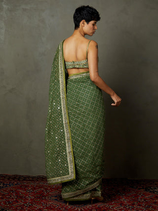 Ri.Ritu Kumar-Khaki Ari Sari With Unstitched Blouse-INDIASPOPUP.COM