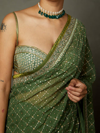 Ri.Ritu Kumar-Khaki Ari Sari With Unstitched Blouse-INDIASPOPUP.COM