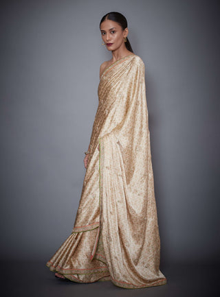 Ri.Ritu Kumar-Beige Embroidered Sari With Unstitched Blouse-INDIASPOPUP.COM