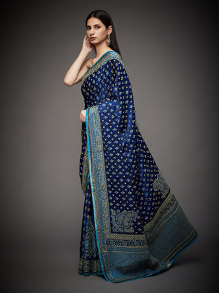 Ri.Ritu Kumar-Turquoise Ari Silk Satin Sari And Unstitched Blouse-INDIASPOPUP.COM