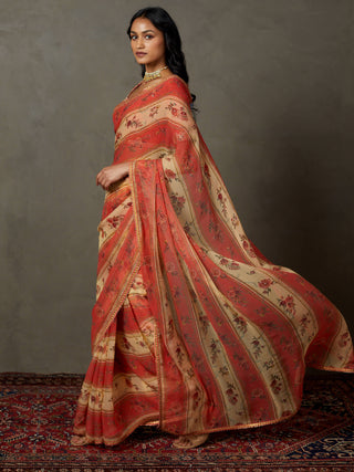 Ri.Ritu Kumar-Peach Mukesh Dahlia Sari And Unstitched Blouse-INDIASPOPUP.COM